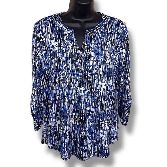 Medium Notations Blue White Print Blouse Stretch Henley Neckline Opaque - Picture 1 of 12